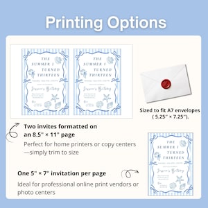 May include: A digital invitation template featuring blue stripes, seashell illustrations, and the text The Summer I Turned Thirteen. The layout includes two invitations on an 8.5 inch by 11 inch page and a single 5 inch by 7 inch invitation, alongside a white envelope with a red wax seal.