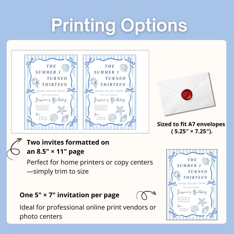 May include: A digital invitation template featuring blue stripes, seashell illustrations, and the text The Summer I Turned Thirteen. The layout includes two invitations on an 8.5 inch by 11 inch page and a single 5 inch by 7 inch invitation, alongside a white envelope with a red wax seal.