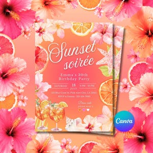 Sunset Soiree Invitation, Summer Cocktail Party Invite, Orange Tropical Flower Birthday, Editable Canva Template