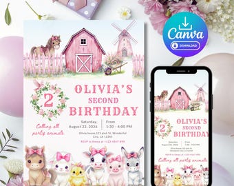 Farm Birthday Invitation, Barnyard Party Animal Invite,Second Birthday, Digital Download
