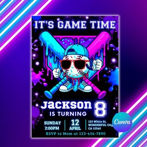 May include: Baseball-themed birthday invitation with a cartoon baseball character wearing sunglasses and a cap. The invitation features the text "IT'S GAME TIME" and details for Jackson's 8th birthday, including date, time, and location.