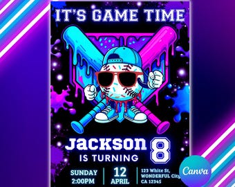 Baseball Ice Cream Drip Birthday Invitation, 8th Birthday Boys Sports Invite, Editable Canva Template