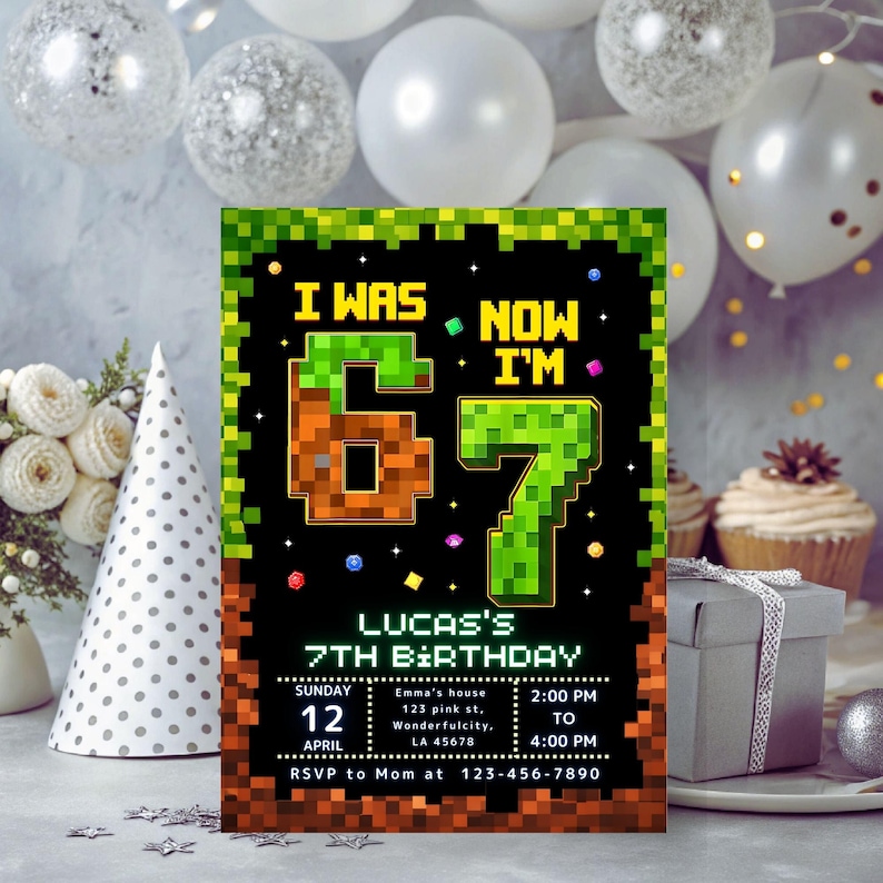 May include: A birthday invitation with a pixelated design. The invitation reads "I WAS 6, NOW I'M 7" in green and orange pixelated fonts. It includes details for Lucas's 7th birthday, such as the date, time, and location. The background features balloons.