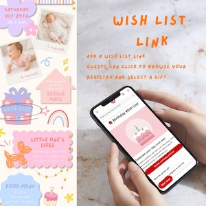 May include: A smartphone displaying a Birthday Wish List webpage with a pink cake graphic and red buttons. The surrounding graphic design features photos of a baby, text including WISH LIST LINK, LITTLE ONE'S SIZES, and various colorful illustrations.