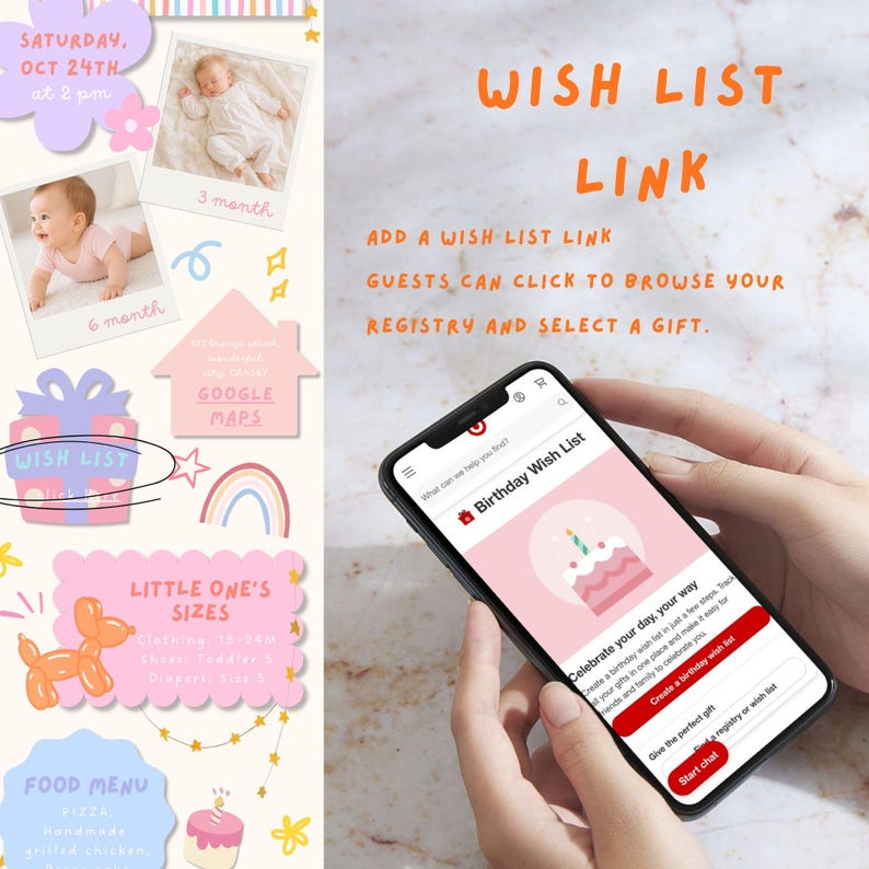May include: A smartphone displaying a Birthday Wish List webpage with a pink cake graphic and red buttons. The surrounding graphic design features photos of a baby, text including WISH LIST LINK, LITTLE ONE'S SIZES, and various colorful illustrations.