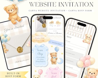 May include: A digital gender reveal website invitation and RSVP form template featuring watercolor illustrations of teddy bears, balloons, and envelopes. The design includes text such as Gender Reveal, Website Invitation, Team Boy, and Team Girl.