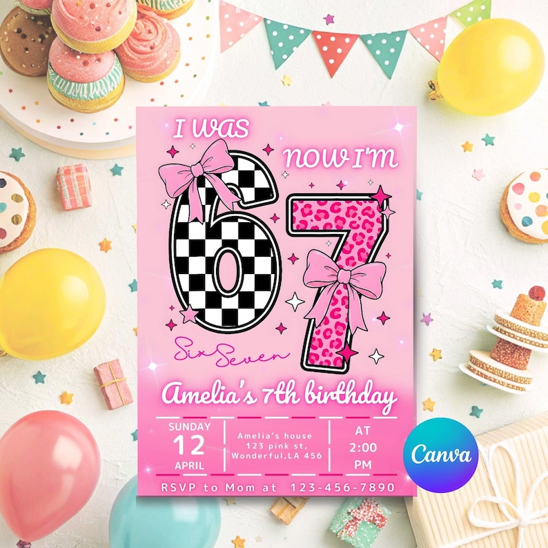 Six Seven Meme Birthday Invitation, 7th birthday invite Girl, Editable Canva Template, image 7