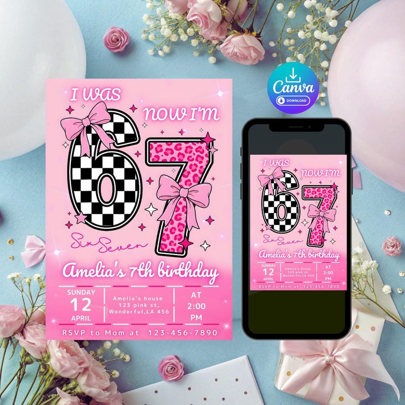 Six Seven Meme Birthday Invitation, 7th birthday invite Girl, Editable Canva Template, image 16