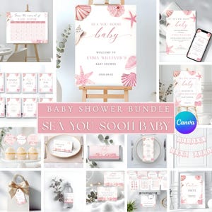 May include: A collection of baby shower decorations and stationery in a soft pink and white color scheme. The set includes a welcome sign, invitations, cupcake toppers, and a banner, all featuring seashell and starfish designs. The text "Sea You Soon Baby" is prominently displayed.