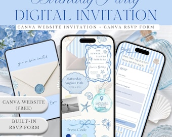 May include: A digital birthday party invitation set displayed on three smartphone screens. The design features light blue and white stripes, seashell illustrations, and a wax seal graphic. Text includes "The Summer I Turned Thirteen," "Dress Code," and RSVP form fields.