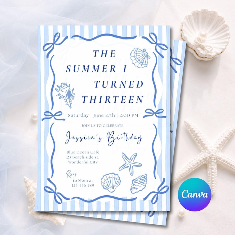 May include: A rectangular birthday invitation card featuring light blue vertical stripes and a dark blue border with bow accents. The text reads: THE SUMMER I TURNED THIRTEEN, Saturday June 27th 2:00 PM, JOIN US TO CELEBRATE Jessica's Birthday, Blue Ocean Cafe.