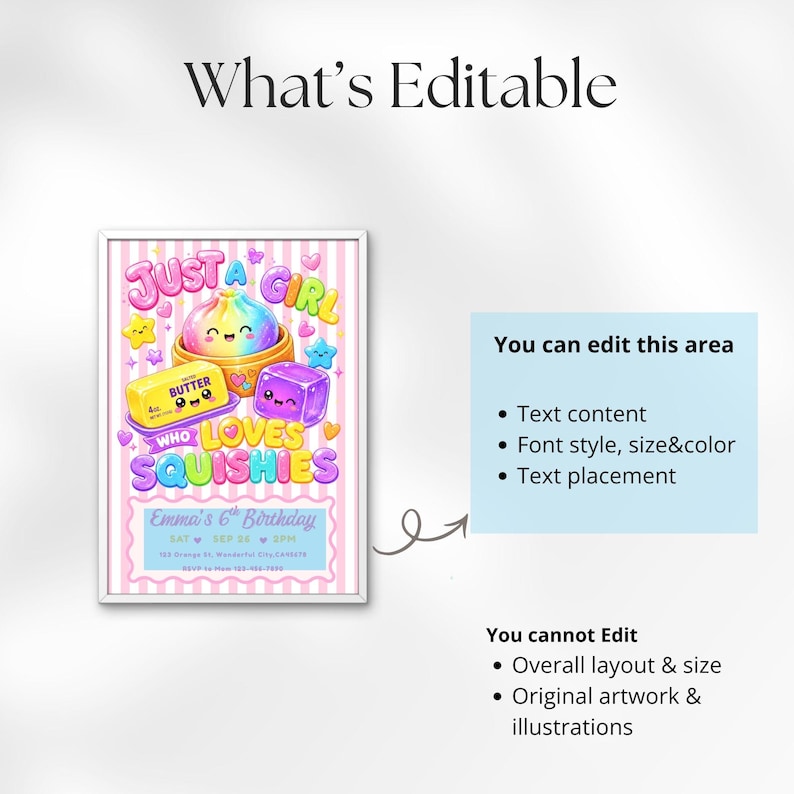 Puede incluir: Una plantilla de invitaci&oacute;n de cumplea&ntilde;os rectangular con fondo de rayas rosas y blancas, con ilustraciones de dibujos animados de una bola de masa arco&iacute;ris, una barra de mantequilla y un cubo morado. El texto dice Just a Girl Who Loves Squishies.