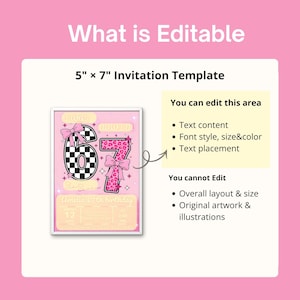 May include: Pink invitation template, 5" x 7", with editable text areas. Features a large number "67" with a checkered pattern and leopard print. Includes text: "Amelia's 7th birthday".