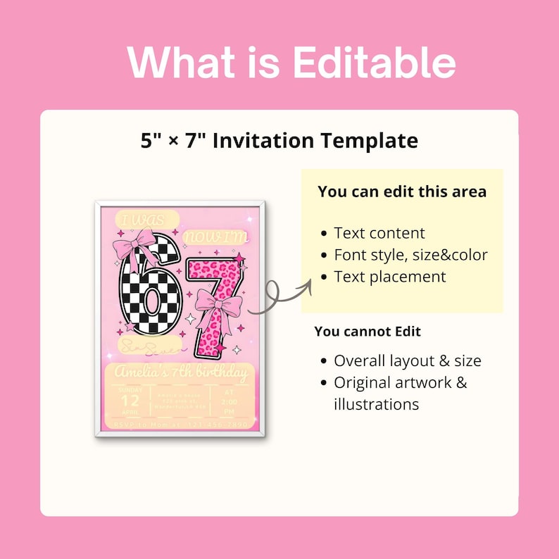 May include: Pink invitation template, 5" x 7", with editable text areas. Features a large number "67" with a checkered pattern and leopard print. Includes text: "Amelia's 7th birthday".