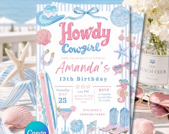 Coastal Cowgirl Birthday Invitation, Seashell Birthday Invite, Party, Editable Canva Template, Digital Download