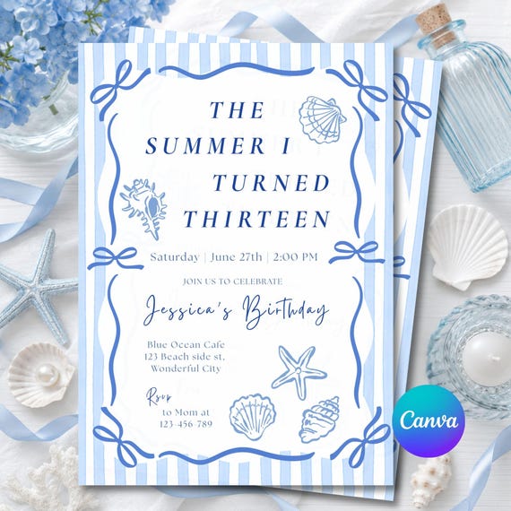 The Summer I Turned Pretty Birthday Invitation, Coastal Party Invite, 13th Birthday Girl, Digital Download