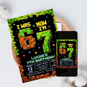 Six Seven Birthday Invitation, 7th Birthday Invite Boy, I Was 6 Now I’m 7, Pixel Block Party, Editable Canva Template image 3