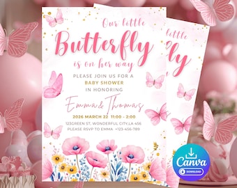 Uitnodiging babyshower vlinder, uitnodiging kleine vlinder is onderweg, bewerkbare canvassjabloon