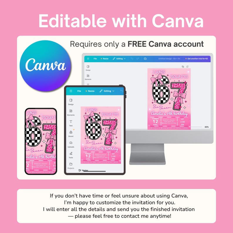 May include: A pink birthday invitation design displayed on a smartphone, tablet, and computer monitor. The invitation features a large number 67 with a checkered pattern and a pink bow. The text "Amelia's 7th birthday" is also visible.