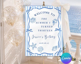 The Summer I Turned Pretty Welcome Sign, Coastal Birthday Party Decor, Editable Canva Template