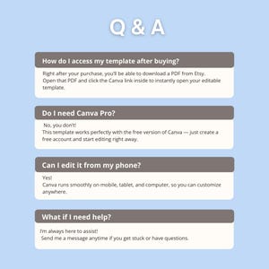 May include: A Q & A informational graphic on a light blue background featuring four dark gray headers with white text. The questions address accessing a template, Canva Pro requirements, mobile editing capabilities, and requesting assistance.