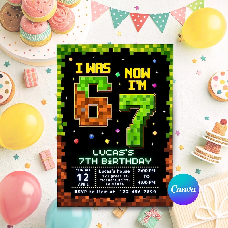 Six Seven Birthday Invitation, 7th Birthday Invite Boy, I Was 6 Now I’m 7, Pixel Block Party, Editable Canva Template image 5