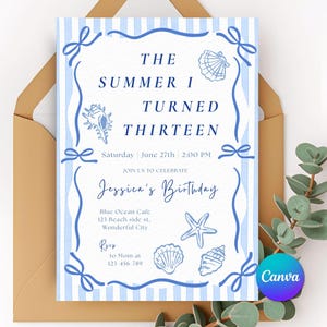 May include: A rectangular birthday invitation card featuring a light blue and white vertical striped background. The text reads THE SUMMER I TURNED THIRTEEN, Saturday June 27th 2:00 PM, JOIN US TO CELEBRATE Jessica's Birthday, Blue Ocean Cafe 123 Beach side st, Wonderful City, Rsvp to Mom at 123 456-789. Blue line borders with bows and seashell illustrations decorate the card.
