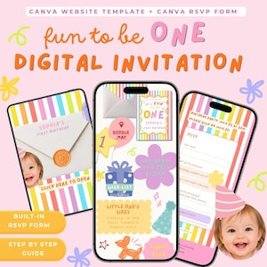 May include: A digital invitation template for a first birthday party featuring colorful stripes, a photo of a child, a wax seal, a Google Maps link, a wish list, and a built-in RSVP form. The text includes "fun to be ONE", "DIGITAL INVITATION", and "SOPHIA'S FIRST BIRTHDAY".
