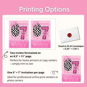 May include: Pink birthday party invitation with a checkered number 6 and a leopard print number 7. The invitation includes the text "I was now I'm Sa Seven Amelia's 7th birthday". The image also shows an envelope.