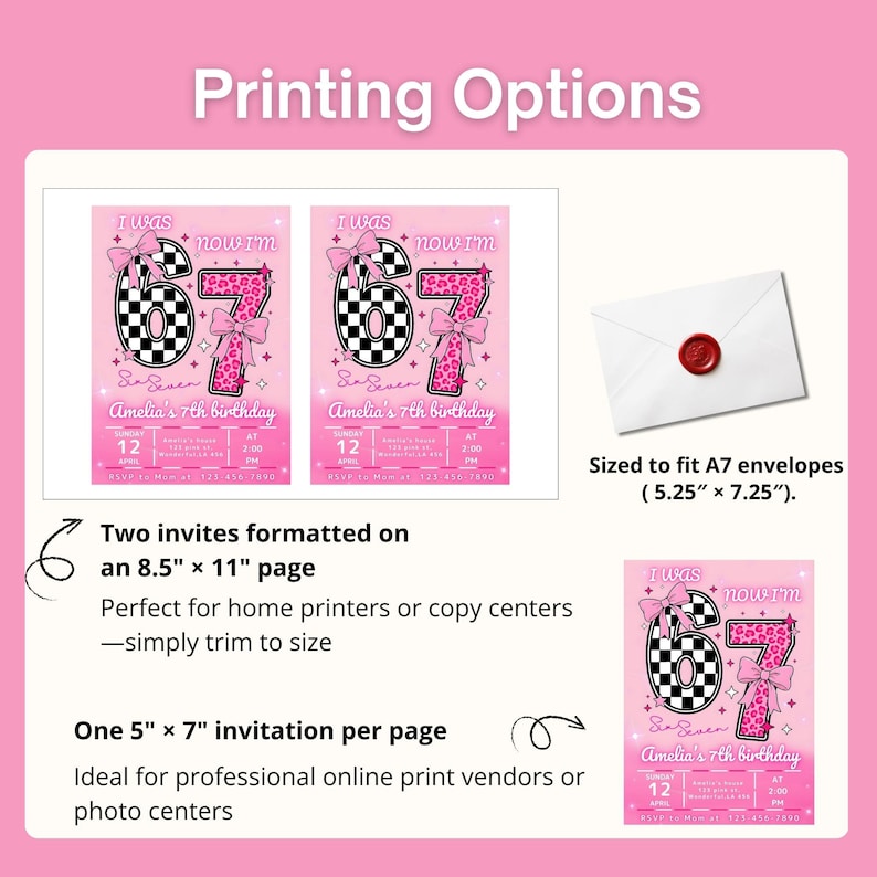 May include: Pink birthday party invitation with a checkered number 6 and a leopard print number 7. The invitation includes the text "I was now I'm Sa Seven Amelia's 7th birthday". The image also shows an envelope.