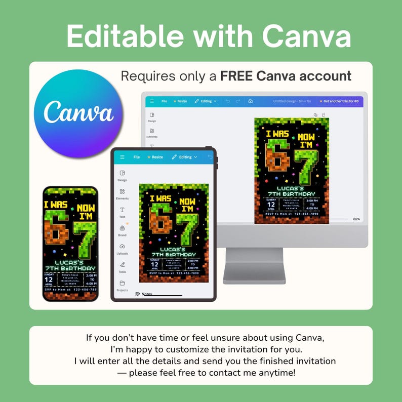 May include: A digital design featuring a birthday invitation with pixelated graphics. The invitation reads "I WAS... NOW I'M 67" with the name "Lucas" and the number "12". The design is displayed on a phone, tablet, and computer screen.