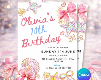 Pink Coastal Birthday Invitation, Seashell Beach Coquette Theme, Girl Summer Party (Digital Download)