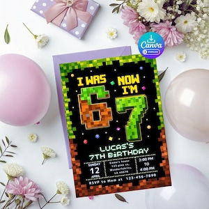 May include: A birthday invitation with a pixelated design, featuring the text "I WAS 6 NOW I'M 7". The invitation includes details for Lucas's 7th birthday, such as the date, time, and location. The invitation is surrounded by balloons and flowers.