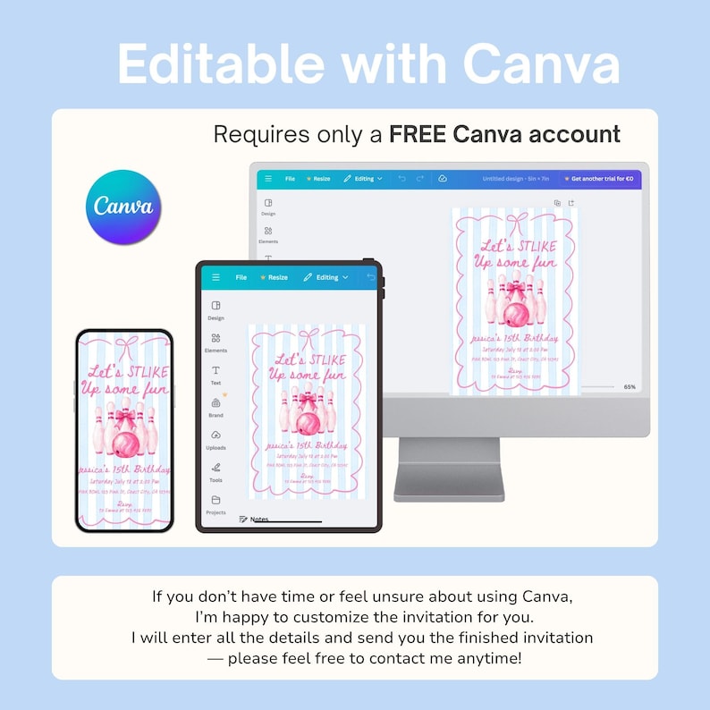 May include: A digital invitation template displayed on a smartphone, tablet, and computer screen. The design features a light blue striped background with pink bowling pins, a pink bowling ball, and the text Let's STRIKE Up some fun.