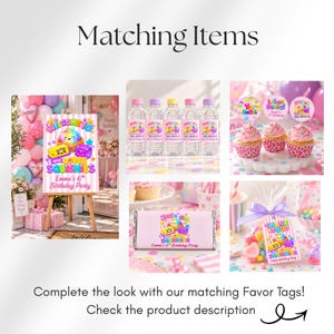 Puede incluir: Una colecci&oacute;n de art&iacute;culos para fiestas con un dise&ntilde;o de rayas rosas y blancas y gr&aacute;ficos coloridos de juguetes squishy. Incluye un cartel de bienvenida, etiquetas para botellas, adornos para cupcakes, envoltorios y etiquetas.