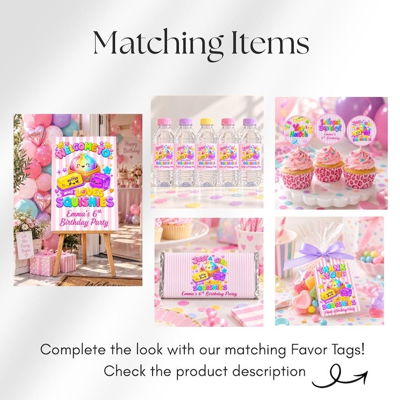 Puede incluir: Una colecci&oacute;n de art&iacute;culos para fiestas con un dise&ntilde;o de rayas rosas y blancas y gr&aacute;ficos coloridos de juguetes squishy. Incluye un cartel de bienvenida, etiquetas para botellas, adornos para cupcakes, envoltorios y etiquetas.