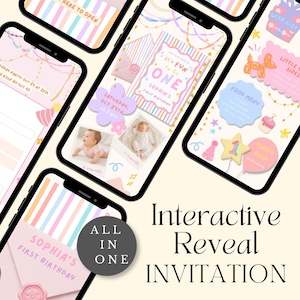 May include: A digital interactive invitation template for a first birthday party displayed on multiple smartphone screens. The design features pastel stripes, balloon animals, party hats, and text including It's fun to be ONE, Sophia's first birthday.