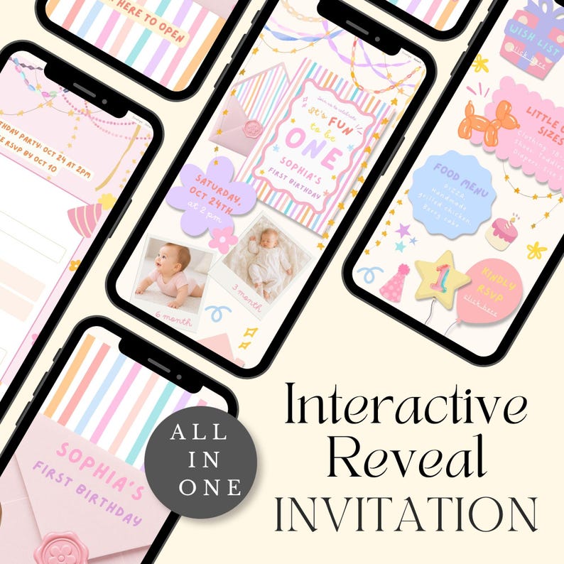 May include: A digital interactive invitation template for a first birthday party displayed on multiple smartphone screens. The design features pastel stripes, balloon animals, party hats, and text including It's fun to be ONE, Sophia's first birthday.
