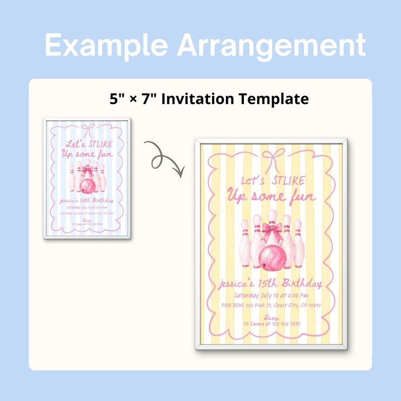 May include: A 5 inch by 7 inch invitation template featuring a bowling theme with pink pins and a bowling ball. The design includes a yellow and white striped background, a scalloped border, and text that reads Let's STLIKE Up some fun.
