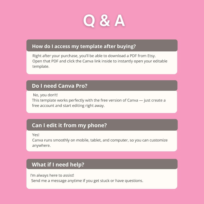 May include: A pink background with the text "Q & A" at the top. Below are four gray boxes with questions and answers about accessing and editing a template after purchase. The questions cover accessing the template, Canva Pro, mobile editing, and help.