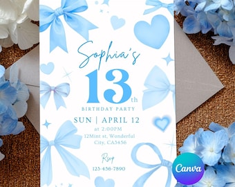 Editable Blue Bow Birthday Invitation, Coquette Blue Invite, Canva Template (Digital Download)