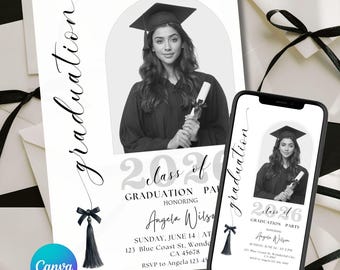 Puede incluir: Una plantilla de invitación para fiesta de graduación con un retrato en blanco y negro de un graduado con toga y birrete. El texto dice Graduation, class of 2026, Graduation Party, honoring Angela Wilson, Sunday, June 14 y dirección.