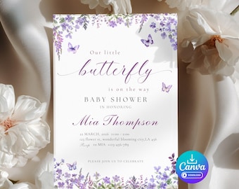 Butterfly Baby Shower invitation, Purple Baby In Broom Invite, Instant Download