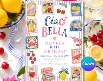 Ciao Bella Birthday Invitation, Italian Summer Party Invite, Amalfi Coast Celebration, Editable Canva Template
