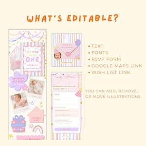 May include: A digital birthday invitation template featuring pastel stripes, stars, and rainbows. The text reads WHAT'S EDITABLE? followed by a list including TEXT, FONTS, RSVP FORM, GOOGLE MAPS LINK, and WISH LIST LINK. It shows sample layouts with photos of a baby.