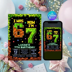 May include: A birthday invitation with pixelated graphics, featuring the text "I WAS 6, NOW I'M 7" in brown and green. The invitation includes details for Lucas's 7th birthday, such as the date, time, and location.