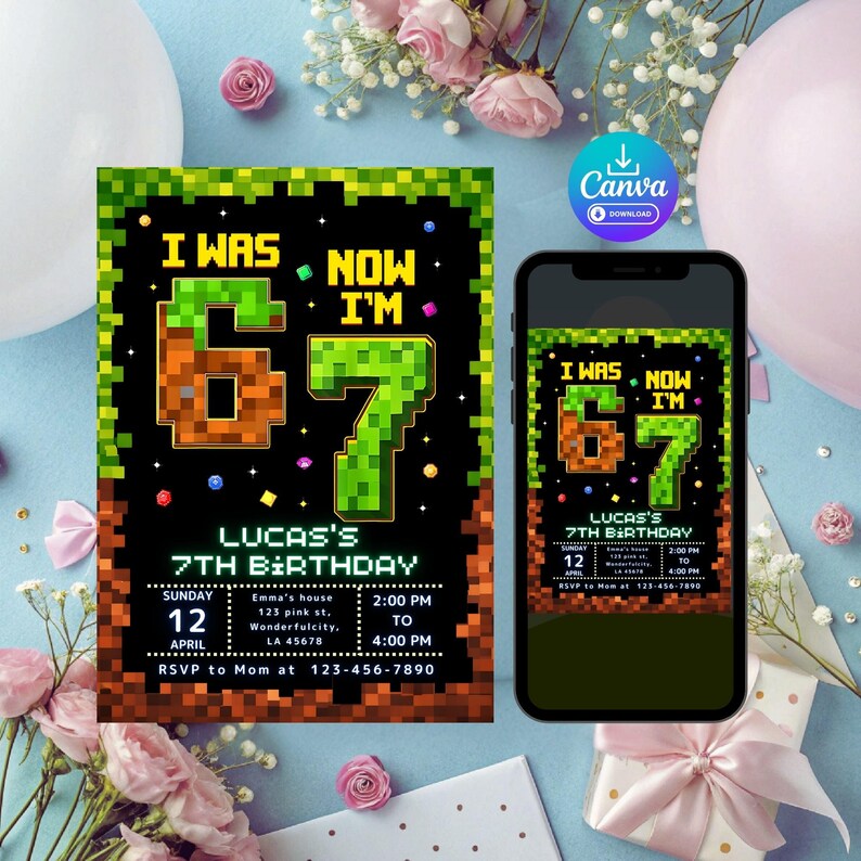 May include: A birthday invitation with pixelated graphics, featuring the text "I WAS 6, NOW I'M 7" in brown and green. The invitation includes details for Lucas's 7th birthday, such as the date, time, and location.