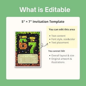 May include: A 5" x 7" invitation template with the text "What is Editable". The invitation features a pixelated design with the text "I WAS 6 NOW I'M 7" and details for Lucas's 7th birthday. The editable areas are listed.