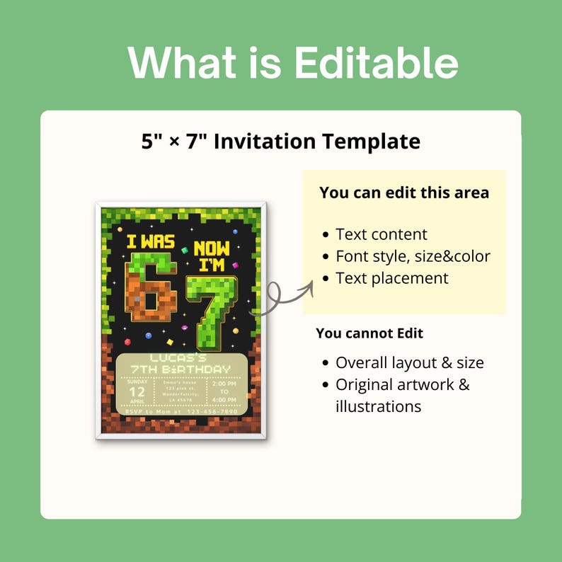 May include: A 5" x 7" invitation template with the text "What is Editable". The invitation features a pixelated design with the text "I WAS 6 NOW I'M 7" and details for Lucas's 7th birthday. The editable areas are listed.