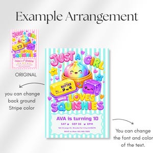 Puede incluir: Una plantilla de invitaci&oacute;n de cumplea&ntilde;os con fondo de rayas azul claro y blanco, con ilustraciones de dibujos animados coloridos de una bola de masa arco&iacute;ris, una barra de mantequilla y un cubo morado. El texto dice Just a Girl Who Loves Squishies, AVA is turning 10, SAT SEP 26 2PM, 123 Orange St, Wonderful City, CA 95678, RSVP to Mom 123-456-7890.